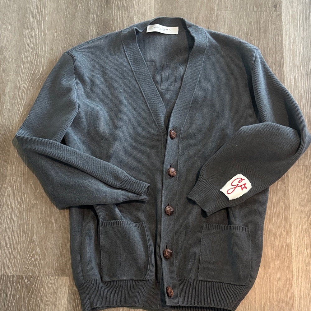 Golden Goose Dark Charcoal Button-Front Cardigan with Embroidered Cuff